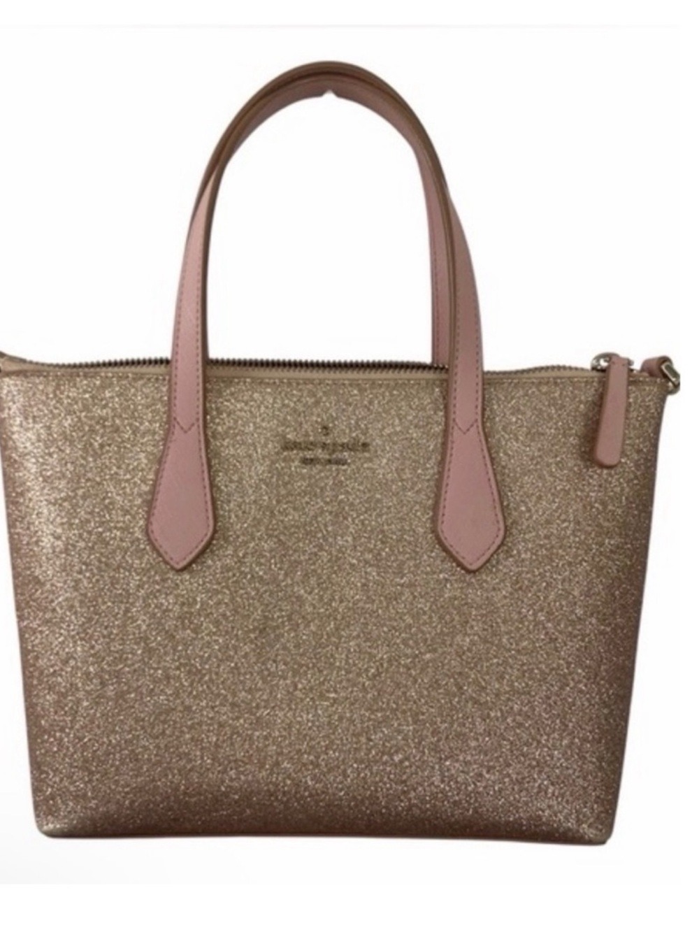 Kate Spade Rose Gold Glitter Mini Tote Satchel Pink Leather Trim Zip Top Handbag